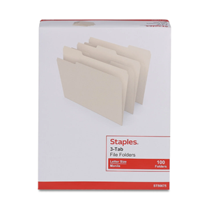 FILE FOLDERS MANILLA STAPLES LETTER 1/3 CUT 100 CT